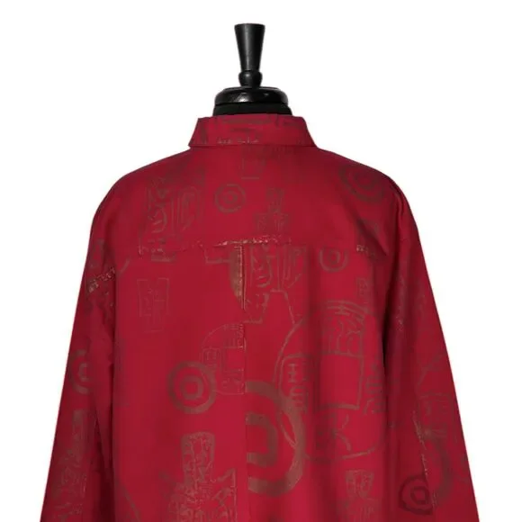 Chico’s Women’s 3 XL 16 Red Bronze Asian Symbol Faux Suede Button Up Artwear Top - Picture 7 of 9